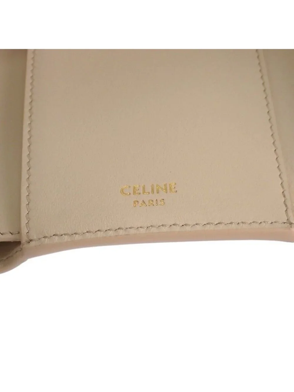 Celine Fine Strap Wallet Trifold Calfskin Beige Cream Triomphe Gold Included
